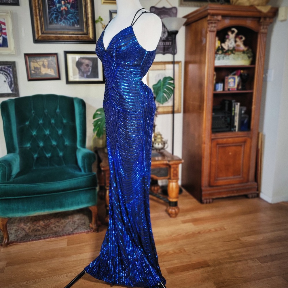 Windsor Royal Blue Sequin Gown Strappy Open Back Prom Evening Glam Maxi Dress - Picture 4 of 8